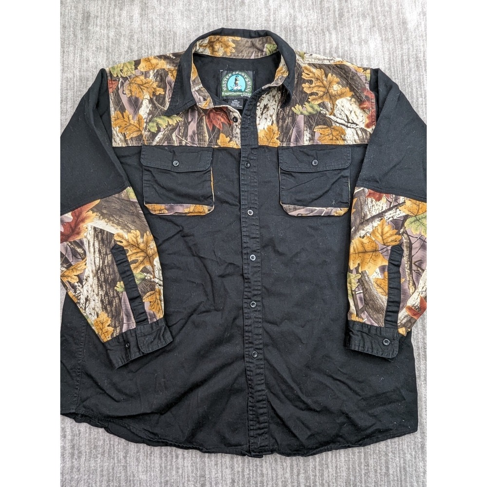 Vtg Master Sportsman Rugged Shirt Mens Black Camo 2XL Outdoor Wear Button Down